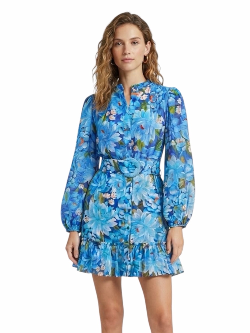 FARM Rio x Anthropologie NWT Long-Sleeve Mini Swing Dress Blue Floral Size Small
